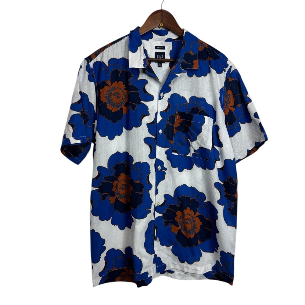 GAP Men Linen-Cotton White & Blue Floral Button Down Shirt Resort Wear Vacation - Picture 1 of 7